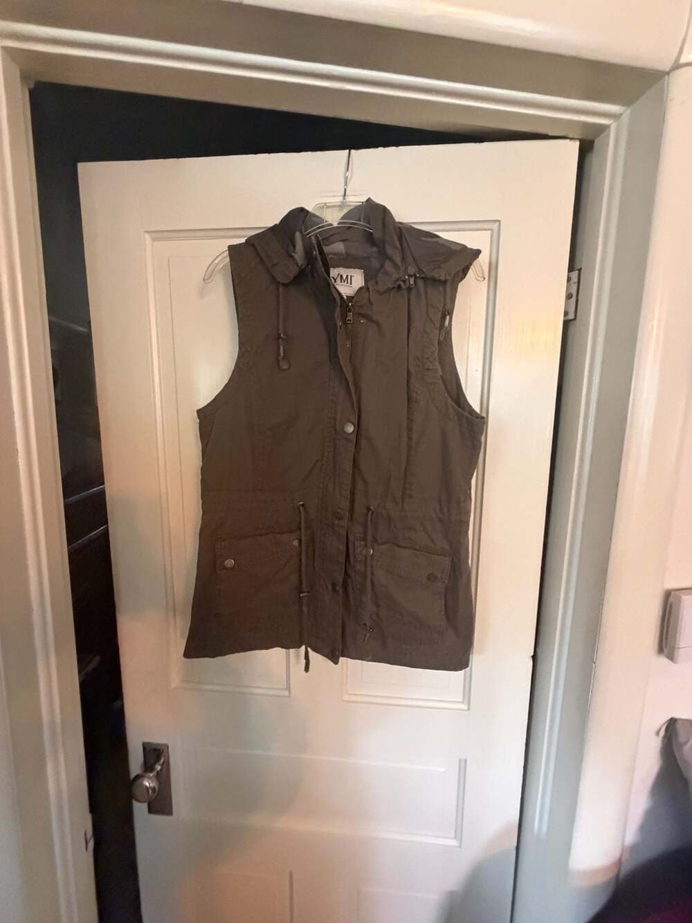 YMI Collection Women's Olive Green Utility Hooded Vest with Drawstring Waist